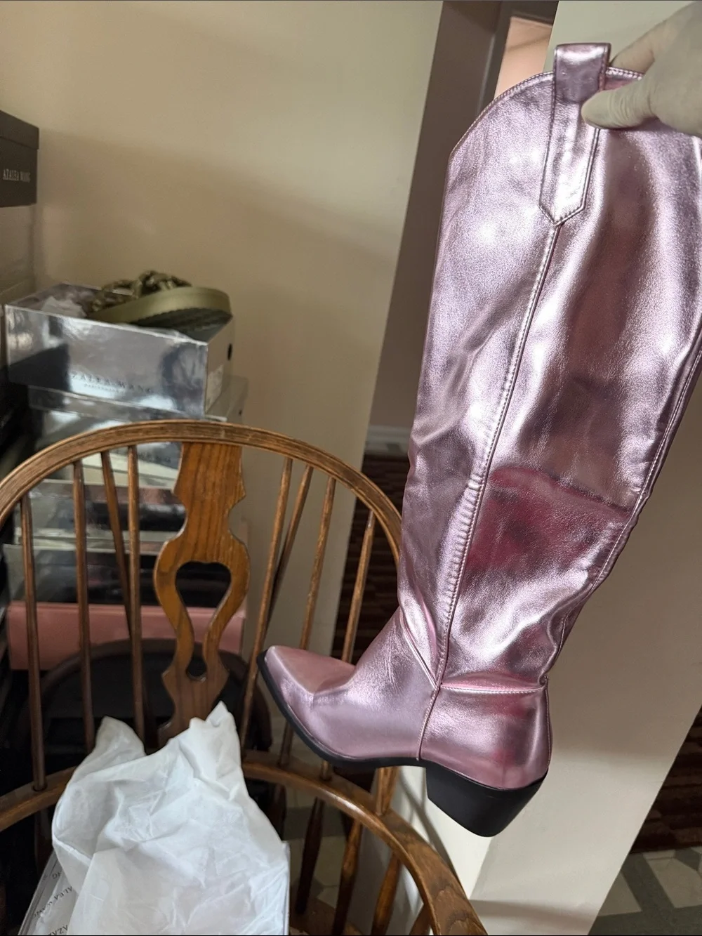 Metallic Pink Tassel-Trim Wedge Boots